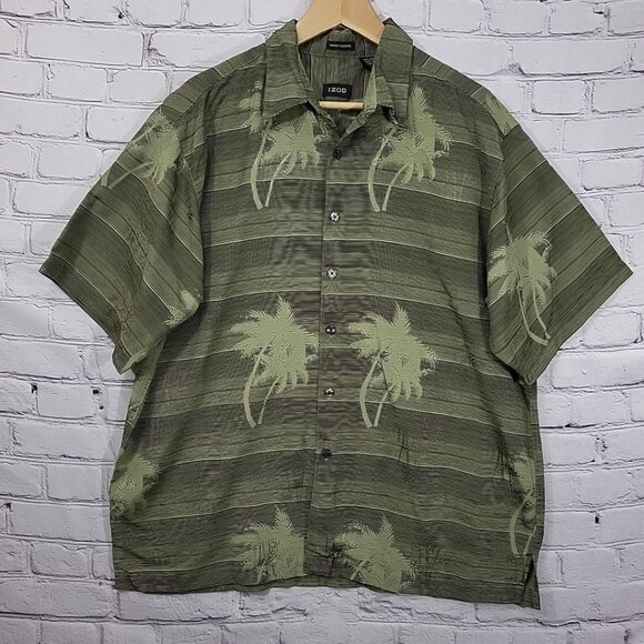 Izod Mens Short Sleeve 100% Silk Hawaiian Shirt Palm Tree Print Green L - Picture 1 of 9